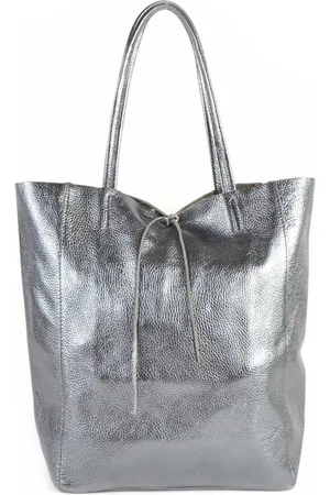 Merkloos Leren Shopper Metallic /Donkerzilver - Made in Italy