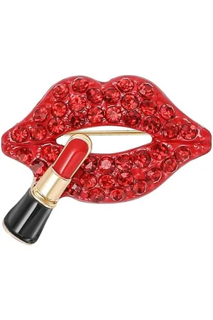 Merkloos Rode lippen strass broche met Cubic Zirconia en gouden lippenstift detail | Voor bruiloft en feest | Geschikt voor jurken, sjaals en jassen