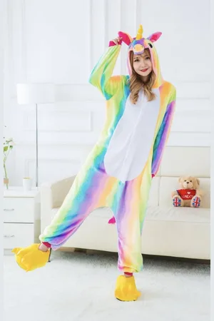 Merkloos Unicorn Eenhoorn Regenboog - Roze - onesie maat 146/152 - Dieren – Verkleedkleren - kinderen - jongens - meisjes - Huispak