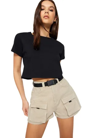 Trendyol Cargo Pocket Belted High Waist Mini Denim Shorts Twoss23Sr00245