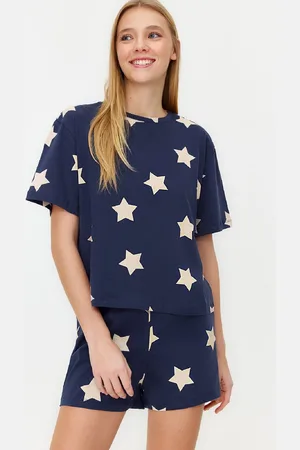 Trendyol Lichtroze 100% Katoenen Gebreide Pyjamaset Met Sterrenpatroon En Korte Broek Thmss22Pt0501