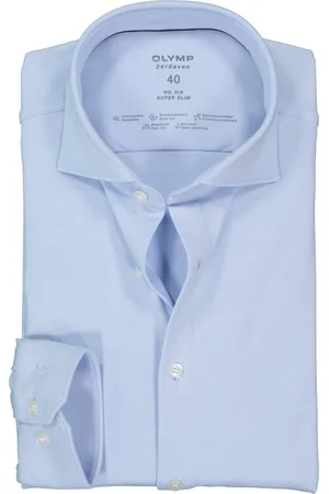 Olymp No. 6 super slim fit overhemd 24/7 - mouwlengte 7 - lichtblauw pique - Strijkvriendelijk - Boordmaat: 38