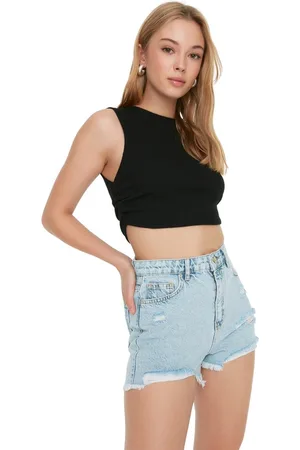 Trendyol Lichtblauwe Gescheurde Mini Denim Shorts Met Hoge Taille Twoss22Sr00047