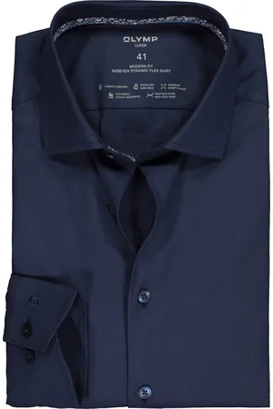 Olymp 24/7 modern fit overhemd - mouwlengte 7 - twill - marine (contrast) - Strijkvrij - Boordmaat: 38