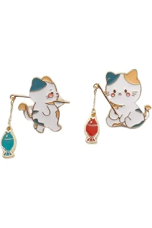 Merkloos Leuke Kat Reversspeldjes - 2 Stuks - Emaille Dier Huisdier Kat Vissen Broche Pin - Cartoon Revers Badge - Voor Jassen Hoed Tas_Metaal Nieuw