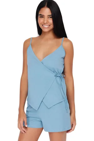 Trendyol Blauwe Stropdas Van 100% Katoen Met Detail Gebreide Pyjamaset Met Korte Broek Met Touwbandjes Thmss24Pt00081