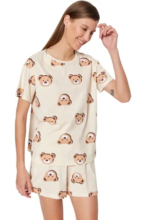 Trendyol Roze 100% Katoenen Gebreide Pyjamaset Met Sterrenpatroon En Korte Broek Thmss23Pt00005
