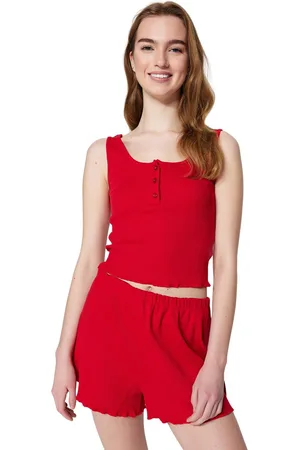 Trendyol Rode Gebreide Pyjamaset Met Knoopdetail En Geribbelde Shorts Thmss23Pt00179