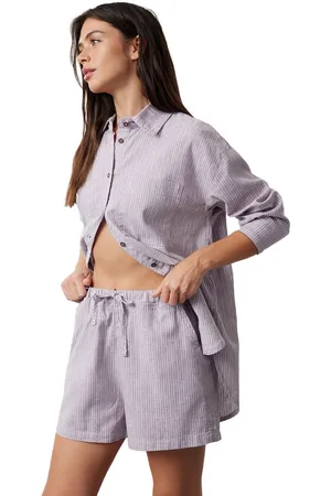 Trendyol Lila Linnenmix Elastische Taille Gestreepte Shorts Twoaw25Sr00001
