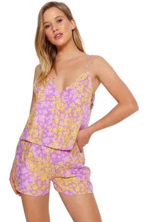 Trendyol Veelkleurige Bloemen Touwband Viscose Shorts Geweven Pyjamaset Thmss23Pt00003