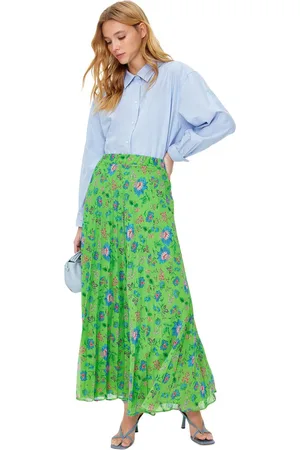 Trendyol Groene Geplooide Chiffon Geweven Rok Met Bloemenmotief En Voering Tctss23Ee00032