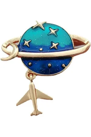 Merkloos Blauwe Aarde Planeet Broche Pin Vliegtuig Halve Maan Kruis Sterren Ruimte Emaille Corsage Revers Broches Pins Voor Vrouwen Meisjes Kleding Jassen Badges Sieraden Geschenken Nieuw.