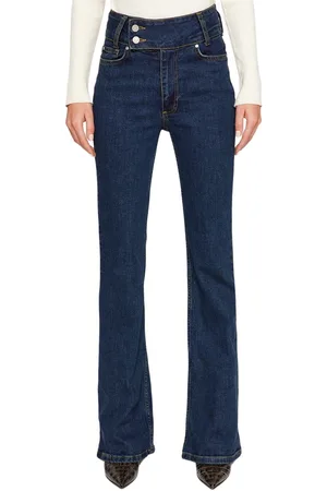 Trendyol Donkerblauwe Taille-Gedetailleerde Flare-Jeans Met Hoge Taille Twoaw24Je00285