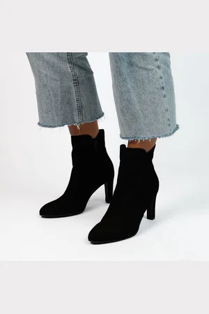 Manfield Dames - Zwarte su??de enkellaarsjes met hak - Maat 38