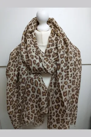 Merkloos Lange dames sjaal Inez pantermotief beige lichtbruin