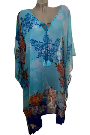 Merkloos Kaftan/tuniek half transparant met steentjes 68/S One size 95/92cm 38-50 blauw