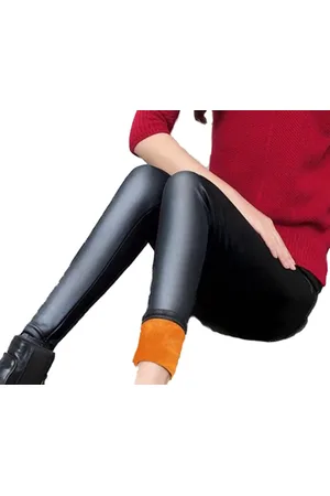 Merkloos Lederlook Thermo Broek - met Oranje fleece voering – tot -20°C – Maat M – Dames Leatherlook Winter Legging