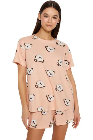 Trendyol Roze 100% Katoenen Gebreide Pyjamaset Met Sterrenpatroon En Korte Broek Thmss23Pt00005