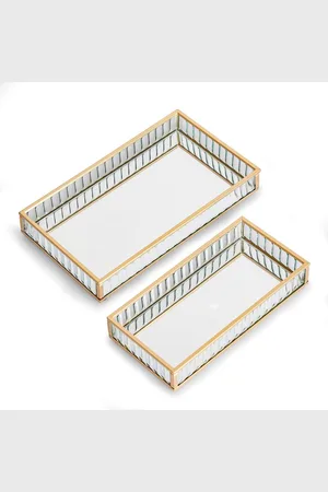 Merkloos Glas Dienblad Gouden Set Van 2 24 x 14 / 20x10cm - Cosmetisch & Sieraden Organisator - Rechthoekig Decoratief Dienblad met Spiegel