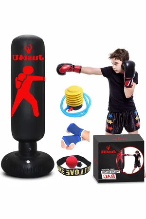 Merkloos Free Standing Inflatable Punching Bag with Reflex Ball - Boxing Hand Wraps & Air Pump - Immediate Bounce Back - Indoor & Outdoor Martial Arts Practice