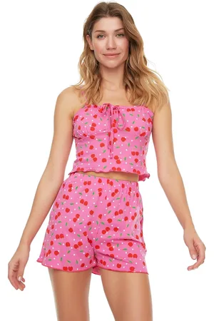 Trendyol Roze 100% Katoenen Gebreide Pyjamaset Met Kersenmotief, Touwbretels En Shorts Thmss22Pt0649