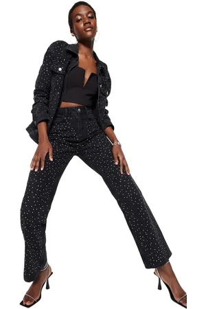Trendyol Zwarte Juwelen Hoge Taille Wijde Pijp Jeans Twoaw23Je00442