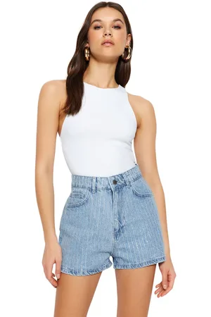 Trendyol Blauwe Steen Hoge Taille Mini Denim Shorts Twoss23Sr00191