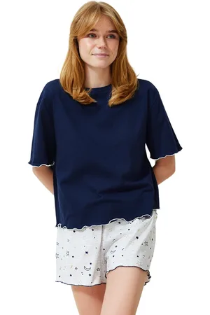 Trendyol Marineblauwe Gebreide Pyjamaset Met Galaxy-Patroon En Shorts Thmss24Pt00203