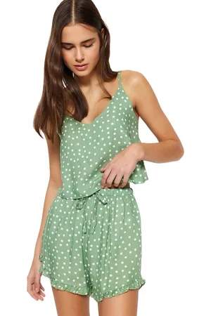 Trendyol Polka Dot Ruffle Detail Geweven Pyjamaset Met Viscose Shorts Met Touwbandjes Thmss21Pt0742