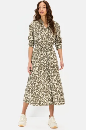 Camel Active Lang overhemdjurk met all-over print - Maat womenswear-L - Olijf Beige