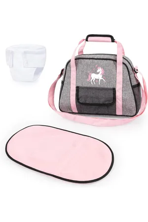 Merkloos Poppenluiertas met verschoningsmatje en verstelbare schouderriem - Jeans-grijs en roze