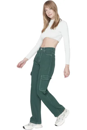 Trendyol Groene Jeansbroek Met Cargozak, Hoge Taille En Wijde Pijpen Twoaw23Je00294