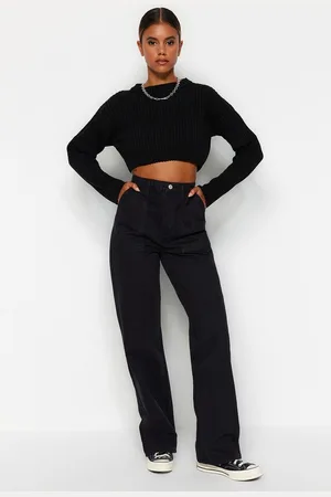 Trendyol Zwarte Zakgedetailleerde Jeans Met Hoge Taille En Wijde Pijpen Twoaw22Je0595