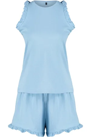 Trendyol Smaragdgroene 100% Katoenen Geplooide Shorts Gebreide Pyjamaset Thmss22Au0304