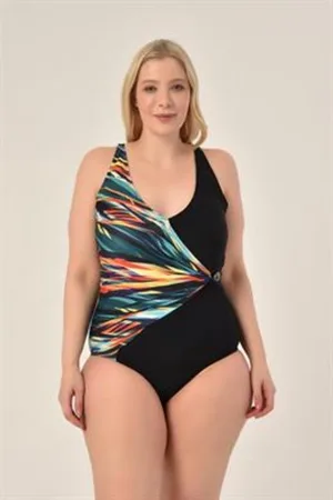 Merkloos Badpak dames- Bikini Badmode- Zwempak dames met gemengd patroon- Dubbele rij gedetailleerd fashion badpakken 204- - Maat 46