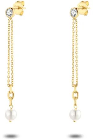 Twice As Nice Oorbellen in 18kt verguld zilver, dubbele ketting parel,zirkonia