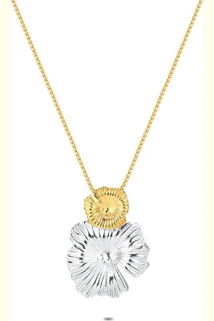 Twice As Nice Halsketting in goudkleurig edelstaal, 2 bloemen in goud en zilver 50 cm