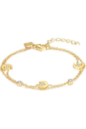 Twice As Nice Armband in goudkleurig edelstaal, dubbele ketting, 3 manen met sterren, kristallen 15 cm+3 cm
