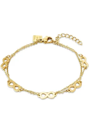 Twice As Nice Armband in goudkleurig edelstaal, 5 infinity symbolen op dubbele ketting 16 cm+3 cm