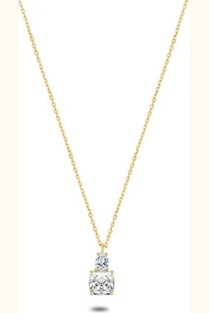 Twice As Nice Halsketting in 18kt verguld zilver, druppel, afgerond vierkant zirkonia 40 cm+5 cm