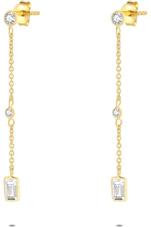 Twice As Nice Oorbellen in 18kt verguld zilver, 3 steentjes op ketting
