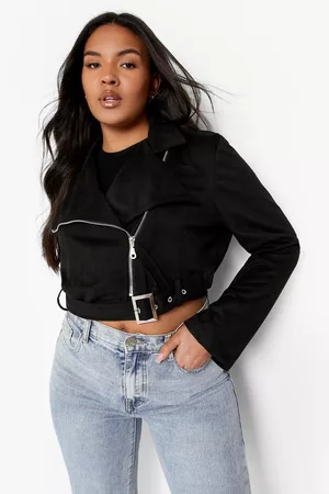 Boohoo Dames Leren jassen - Plus Korte Nep Suède Biker Jas Met Ceintuur, Zwart