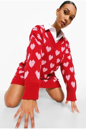 Boohoo Dames Korte jurken - Oversized Hartjes Trui Jurk, Red