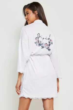 Boohoo Badjassen - Bride Bloemen Badjas Met Kanten Zoom, White