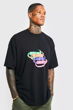 Boohoo Heren Lange mouw - Oversized Man T-Shirt Met Print En Brede Nek, Black