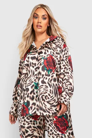 Boohoo Dames Oversized Overhemden - Plus Oversized Satijnen Luipaardprint Overhemd, Brown