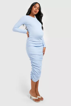 Boohoo Dames Midi jurken - Zwangerschap Gekreukelde Geribbelde Geplooide Midi Jurk, Blue