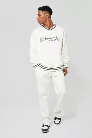 Boohoo Heren Sportshirts - Oversized Gestreept Man Trainingspak Met Top Met V-Hals, Ecru
