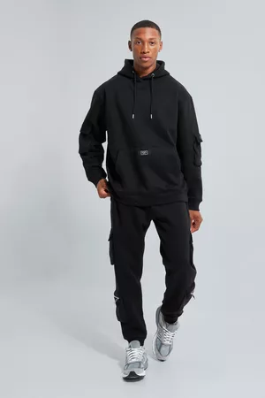 Boohoo Heren Trainingspakken - Official Man Cargo Trainingspak Met Capuchon, Black