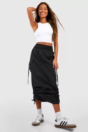 Boohoo Geplooide Parachute Midaxi Rok Met Geplooide Taille Band, Black